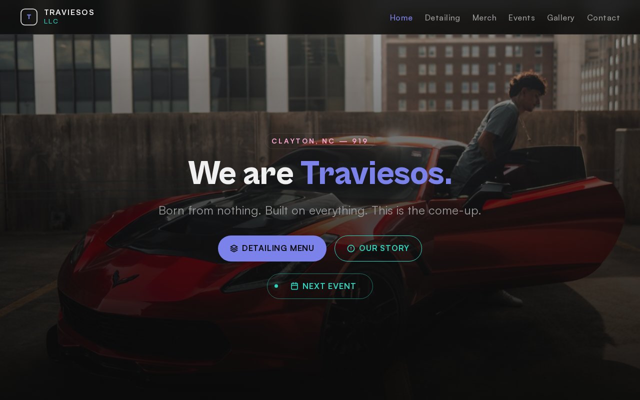 Traviesos LLC website — auto detailing and events business with Stripe payments and SMS booking